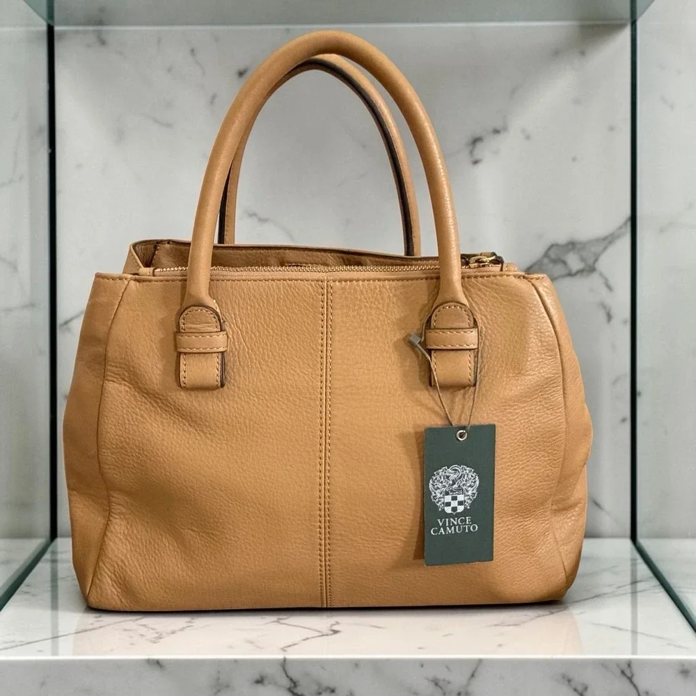 Vince Camuto Jace Shopper Leather Oak Double Handle Gold Trim Logo Classic NWT